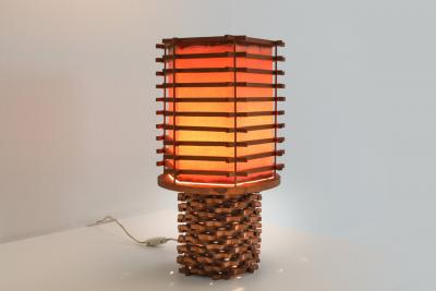 Oriental Table Lamp in Wood and Linen Asia 1950s