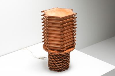 Oriental Table Lamp in Wood and Linen Asia 1950s