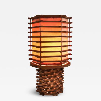 Oriental Table Lamp in Wood and Linen Asia 1950s