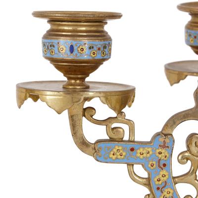 Oriental style gilt bronze and champlev enamel clock set