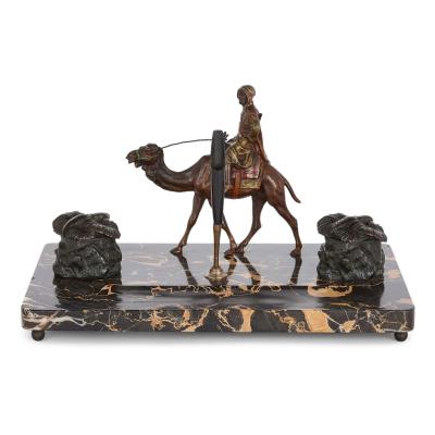 Orientalist cold painted bronze and marble inkstand