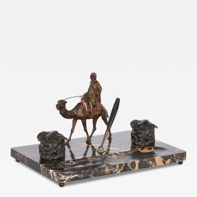 Orientalist cold painted bronze and marble inkstand