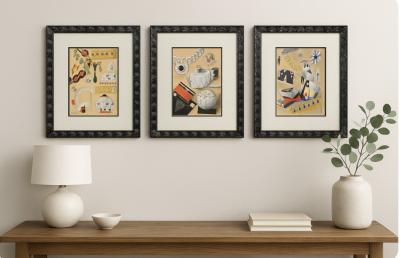 Original Art Deco Design Illustrations Set of Three Framed