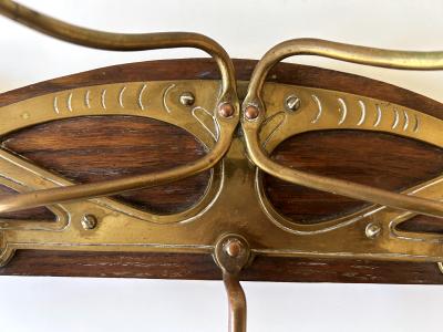 Original Art Nouveau Brass Wood Coat Rack or Hanger Germany 1900s