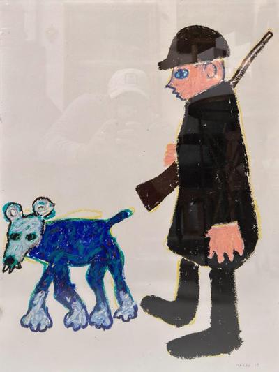 Original Makan Negahban Dog Painting on Paper in Lucite Frame