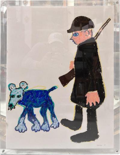 Original Makan Negahban Dog Painting on Paper in Lucite Frame