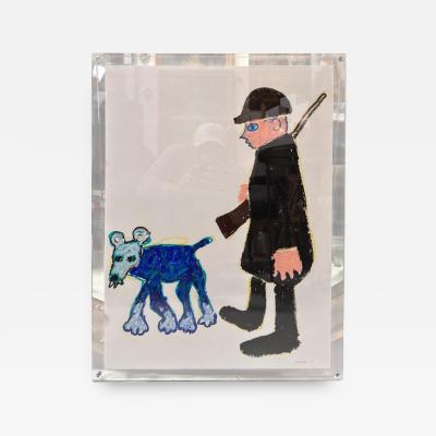 Original Makan Negahban Dog Painting on Paper in Lucite Frame