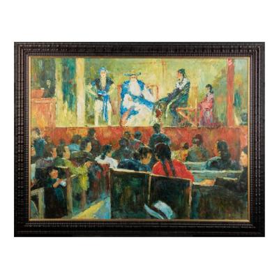 Original Oil Painting of a Chinese Theater Interior Scene