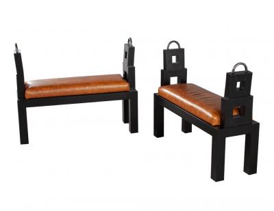 Original Vintage Fumed Oak Distressed Saddle Leather Benches