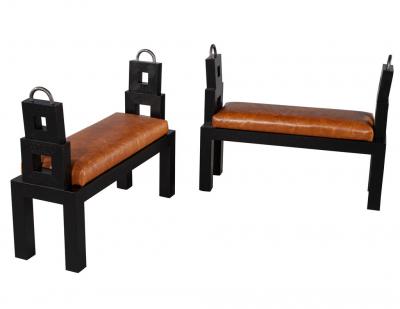 Original Vintage Fumed Oak Distressed Saddle Leather Benches