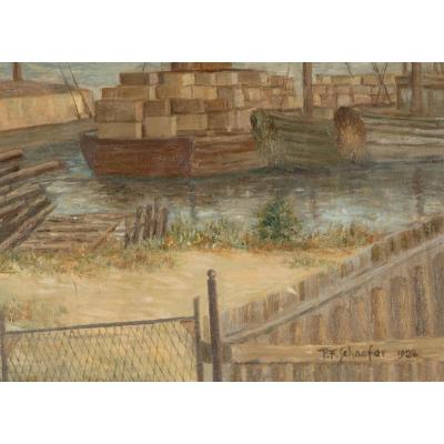 Original p f Schaefer Industrial Chic Oil Painting of Shipyards