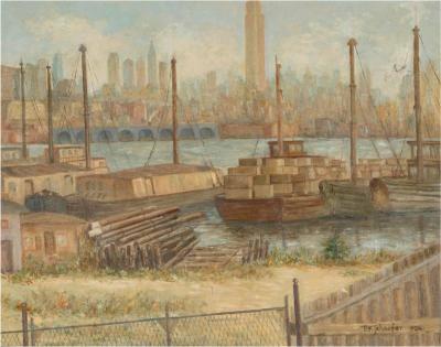 Original p f Schaefer Industrial Chic Oil Painting of Shipyards