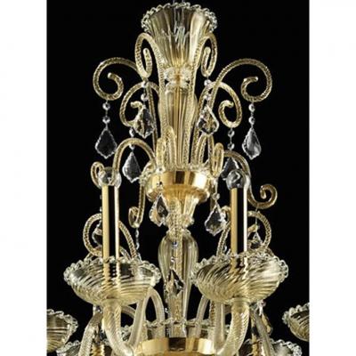Ornate Imperial Venetian Chandelier With Gold Curled Murano Glass