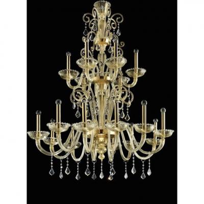 Ornate Imperial Venetian Chandelier With Gold Curled Murano Glass