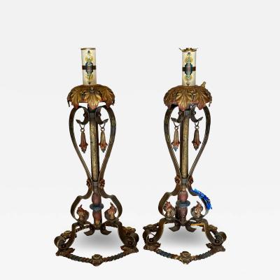 Oscar Bruno Bach Oscar Bach Antique Polychrome Iron Table Lamp a Pair