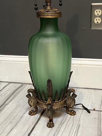 Oscar Bruno Bach SUPERB GILT BRONZE AND STEUBEN GLASS BACCHUS FACE LAMP BY OSCAR BACH