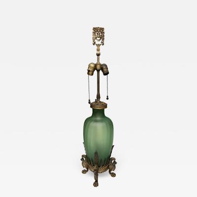 Oscar Bruno Bach SUPERB GILT BRONZE AND STEUBEN GLASS BACCHUS FACE LAMP BY OSCAR BACH