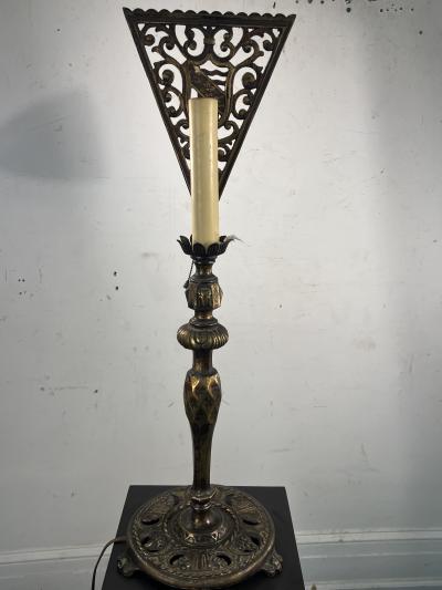 Oscar Bruno Bach UNUSUAL LARGE PAIR OF BRONZED METAL HERALDIC SHIELD LAMPS WITH RAM HEAD DESIGN