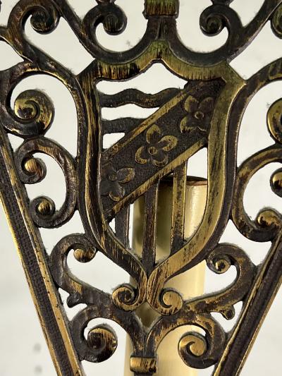 Oscar Bruno Bach UNUSUAL LARGE PAIR OF BRONZED METAL HERALDIC SHIELD LAMPS WITH RAM HEAD DESIGN