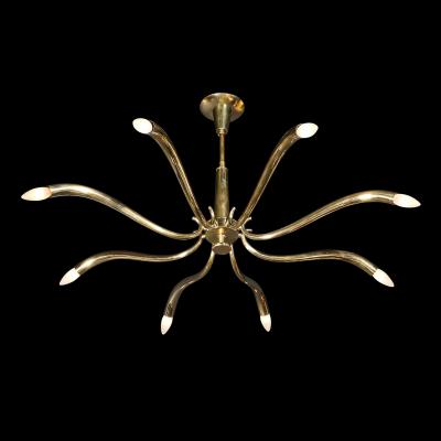 Oscar Torlasco Mid Century Polished Brass 8 Arm Sculptural Chandelier by Oscar Torlasco
