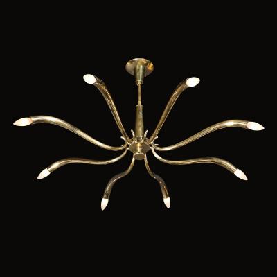 Oscar Torlasco Mid Century Polished Brass 8 Arm Sculptural Chandelier by Oscar Torlasco