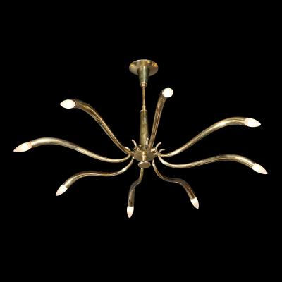 Oscar Torlasco Mid Century Polished Brass 8 Arm Sculptural Chandelier by Oscar Torlasco
