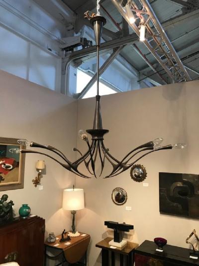 Oscar Torlasco Modernist patinated brass chandelier by Oscar Torlasco