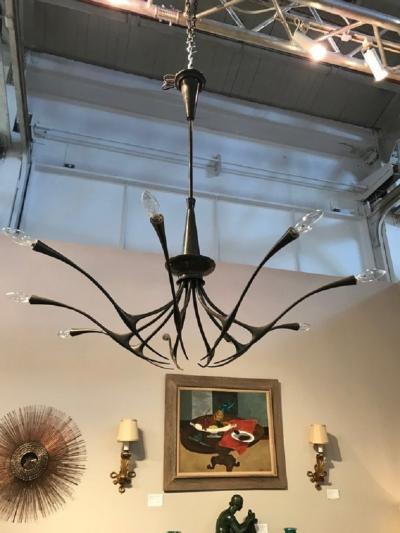 Oscar Torlasco Modernist patinated brass chandelier by Oscar Torlasco