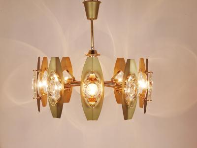 Oscar Torlasco Oscar Torlasco 25 Brass Chandelier with Optical Prism Lenses Italy 1970s