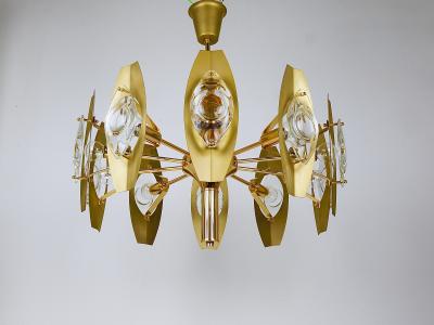 Oscar Torlasco Oscar Torlasco 25 Brass Chandelier with Optical Prism Lenses Italy 1970s