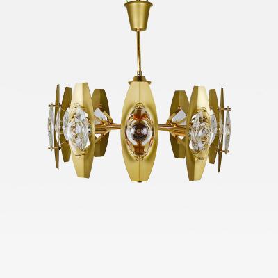 Oscar Torlasco Oscar Torlasco 25 Brass Chandelier with Optical Prism Lenses Italy 1970s
