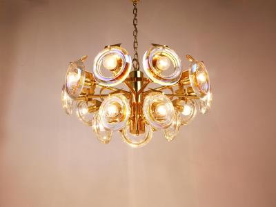 Oscar Torlasco Oscar Torlasco Large Brass Chandelier Optical Rainbow Glass Rings Italy 1970s