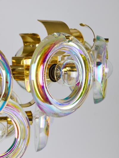 Oscar Torlasco Oscar Torlasco Large Brass Chandelier Optical Rainbow Glass Rings Italy 1970s