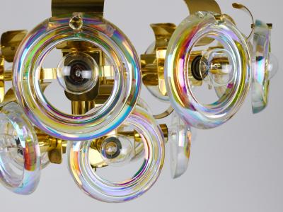 Oscar Torlasco Oscar Torlasco Large Brass Chandelier Optical Rainbow Glass Rings Italy 1970s