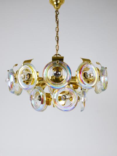 Oscar Torlasco Oscar Torlasco Large Brass Chandelier Optical Rainbow Glass Rings Italy 1970s