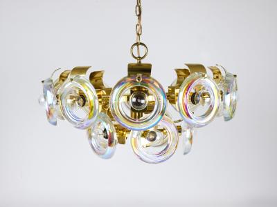 Oscar Torlasco Oscar Torlasco Large Brass Chandelier Optical Rainbow Glass Rings Italy 1970s