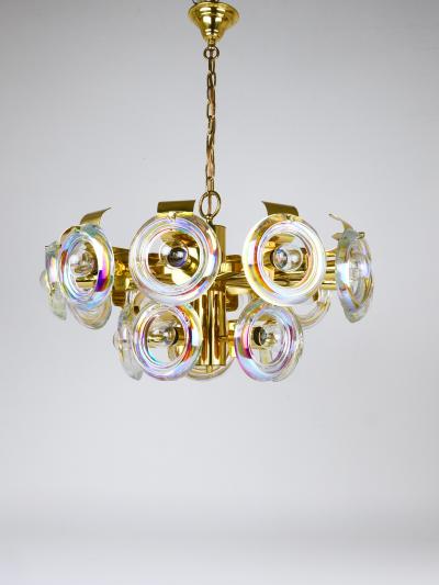 Oscar Torlasco Oscar Torlasco Large Brass Chandelier Optical Rainbow Glass Rings Italy 1970s