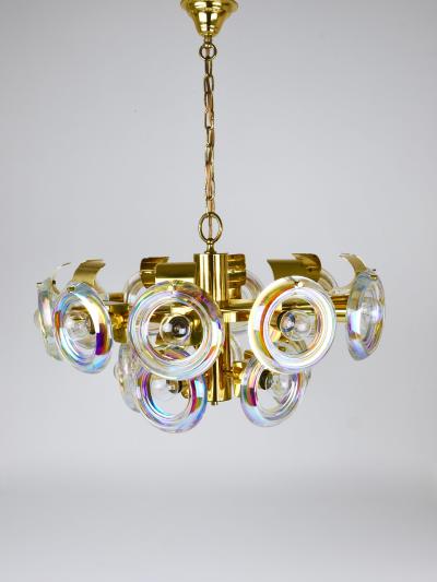 Oscar Torlasco Oscar Torlasco Large Brass Chandelier Optical Rainbow Glass Rings Italy 1970s