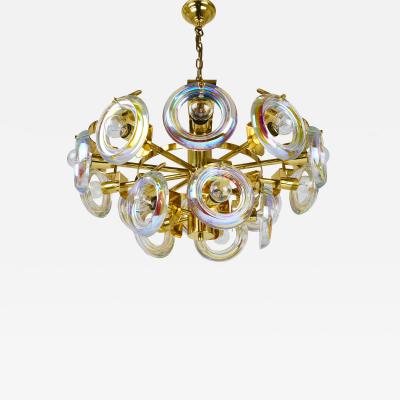 Oscar Torlasco Oscar Torlasco Large Brass Chandelier Optical Rainbow Glass Rings Italy 1970s