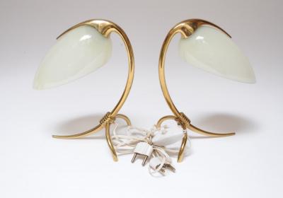 Oscar Torlasco Pair of Petite Brass and Glass Tripod Bedside Table Lamps by Oscar Torlasco