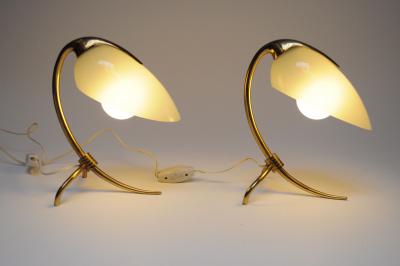Oscar Torlasco Pair of Petite Brass and Glass Tripod Bedside Table Lamps by Oscar Torlasco