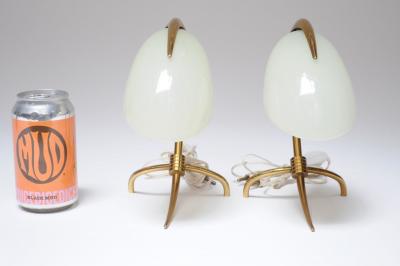 Oscar Torlasco Pair of Petite Brass and Glass Tripod Bedside Table Lamps by Oscar Torlasco