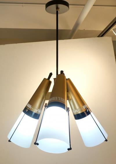 Oscar Torlasco Torlasco 1950s Italian Vintage Brass Black White Three Light Cone Chandelier
