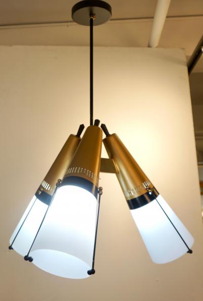 Oscar Torlasco Torlasco 1950s Italian Vintage Brass Black White Three Light Cone Chandelier