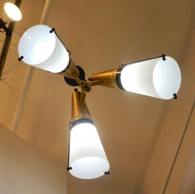 Oscar Torlasco Torlasco 1950s Italian Vintage Brass Black White Three Light Cone Chandelier
