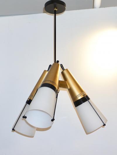 Oscar Torlasco Torlasco 1950s Italian Vintage Brass Black White Three Light Cone Chandelier