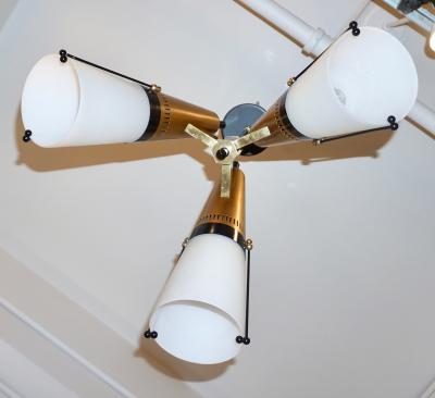 Oscar Torlasco Torlasco 1950s Italian Vintage Brass Black White Three Light Cone Chandelier