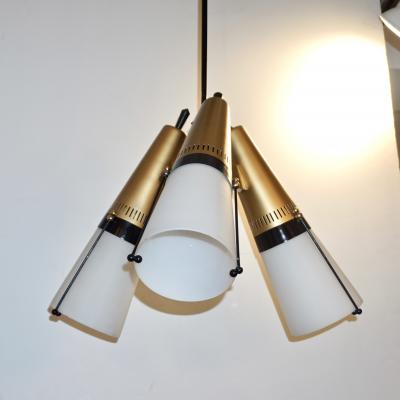 Oscar Torlasco Torlasco 1950s Italian Vintage Brass Black White Three Light Cone Chandelier