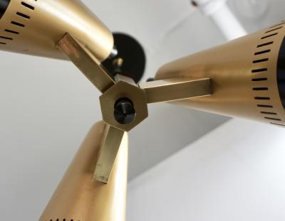 Oscar Torlasco Torlasco 1950s Italian Vintage Brass Black White Three Light Cone Chandelier