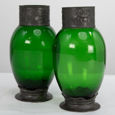 Osiris Pewter A Pair of Art Nouveau Pewter Green Glass Vases with Frog Decor